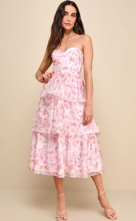 Light Pink Floral Organza Bustier Midi Dress